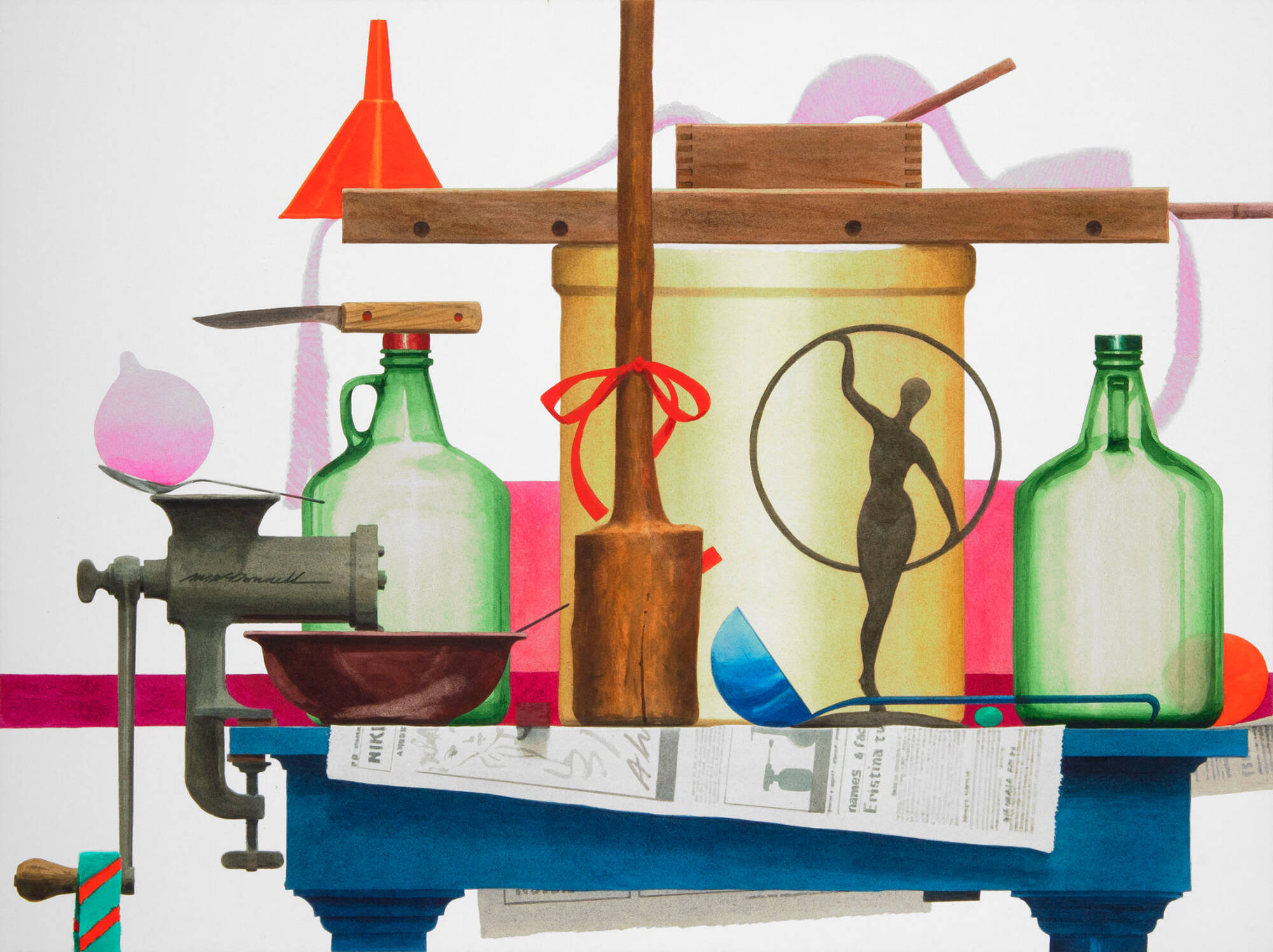 Colorful still life watercolor image of many household items, like a crock, glass bottles, funnels, a meat grinder, a newspaper and a ladle, stacked precariously.